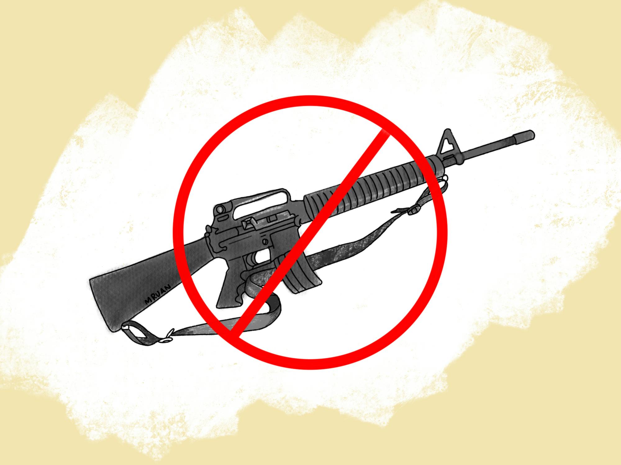 Illustration of an assault weapon beneath a red symbol crossing out the assault weapon. 
