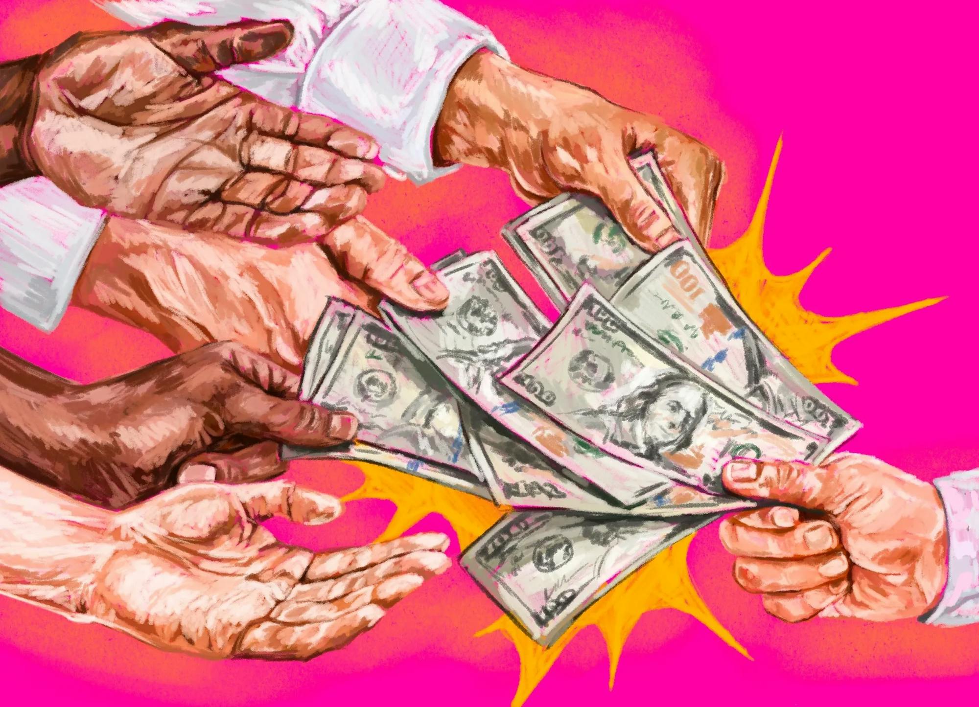 An illustration of one hand giving one hundred dollar bills to five other hands in front of a pink and yellow background