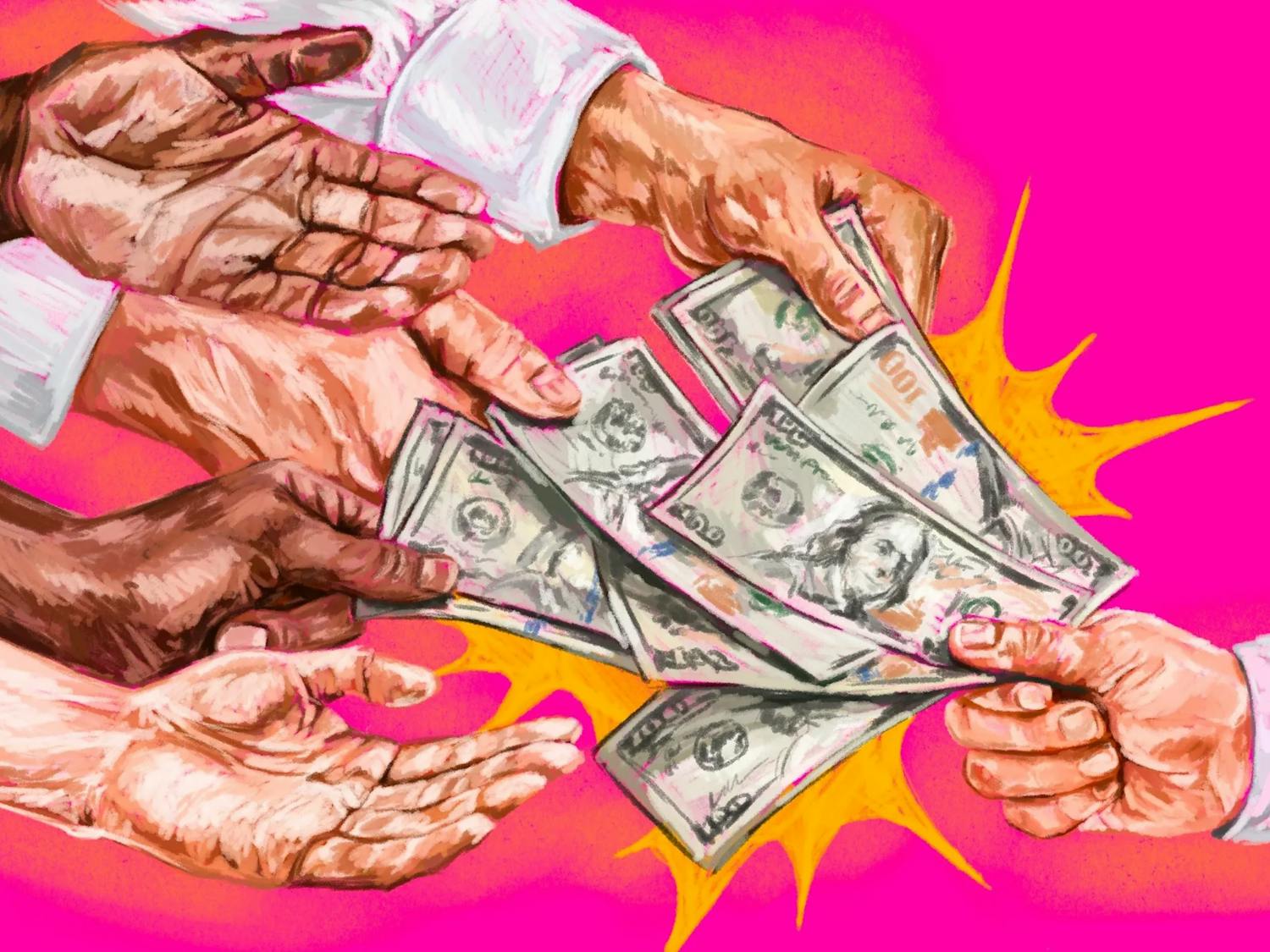 An illustration of one hand giving one hundred dollar bills to five other hands in front of a pink and yellow background