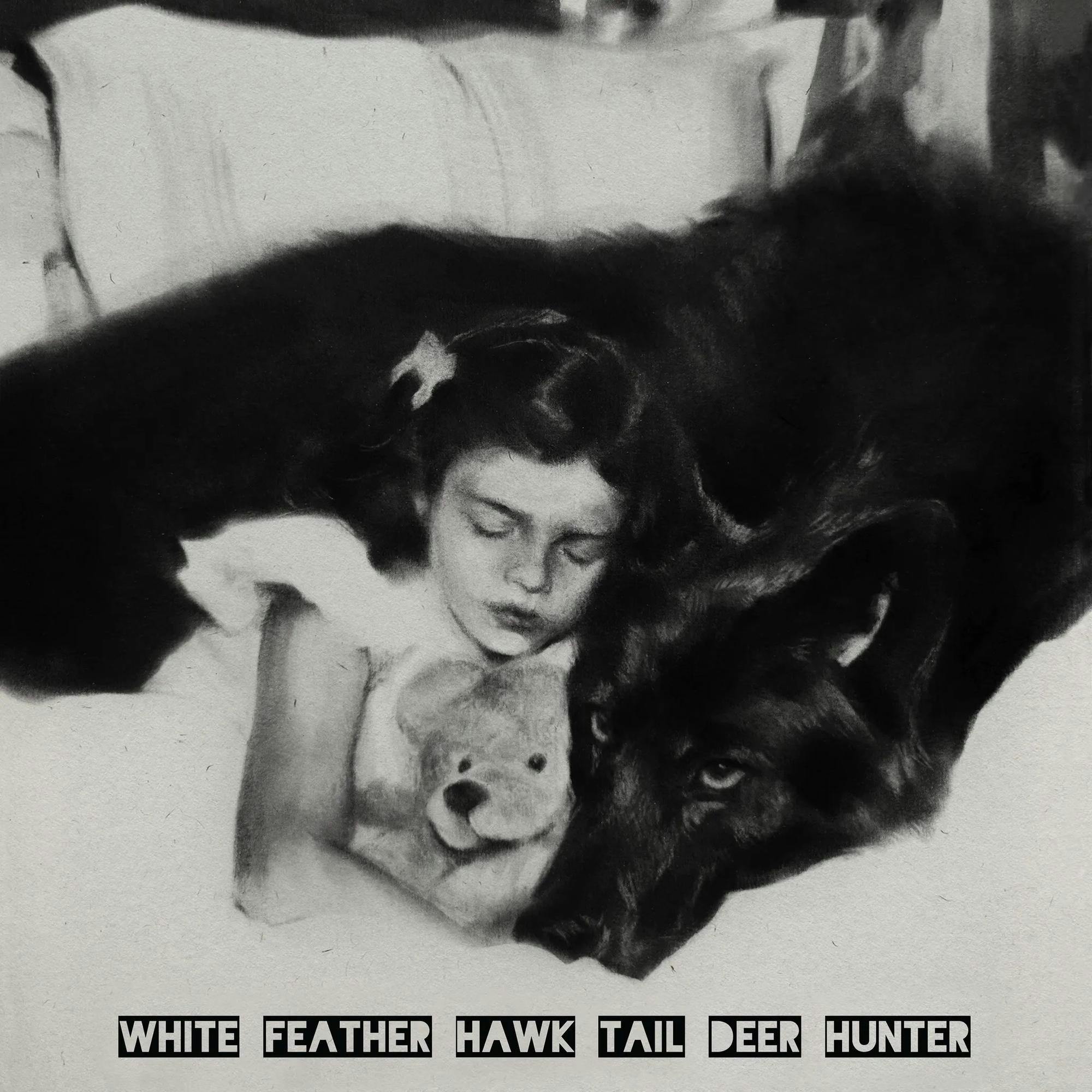 The cover art for ‘White Feather Hawk Tail Deer Hunter,’ showing a black-and-white illustration of a young girl sleeping with a big black dog.