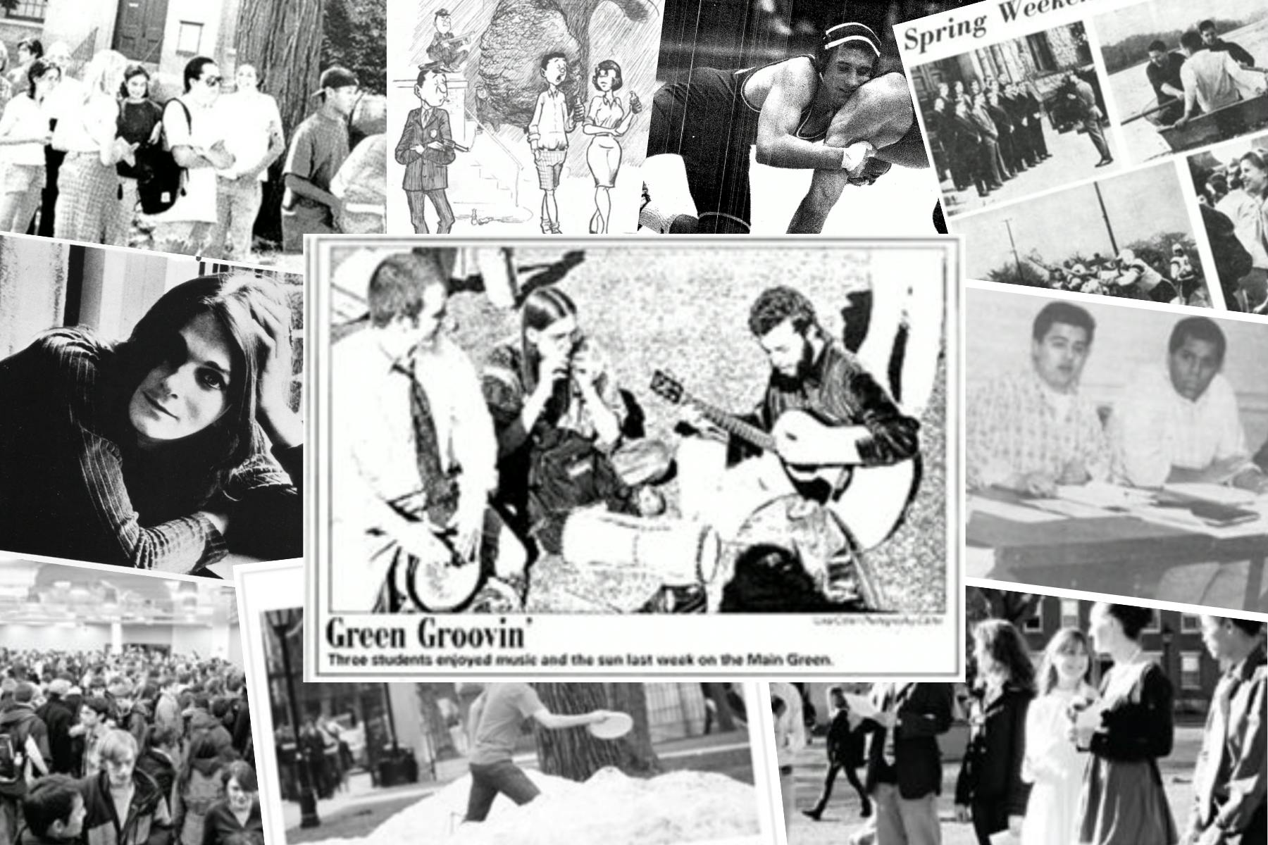 A collage of black and white photos of students on Brown's campus. In the center, a photo captioned "Green Groovin'" shows three students sitting and playing music. 