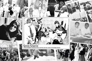 A collage of black and white photos of students on Brown's campus. In the center, a photo captioned "Green Groovin'" shows three students sitting and playing music. 
