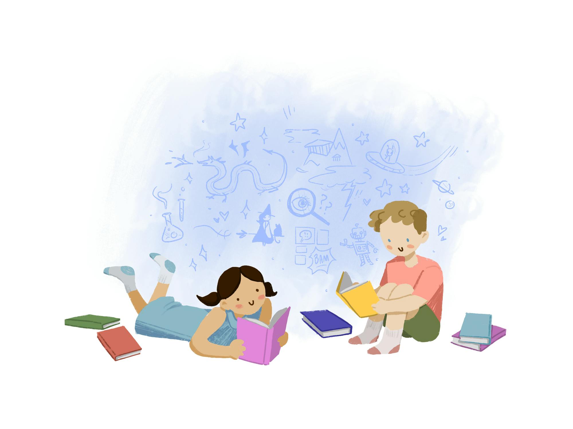 An illustration of a young girl and boy sitting on a floor reading while surrounded by books and in front of a blue background featuring multiple random objects, people, and places.
