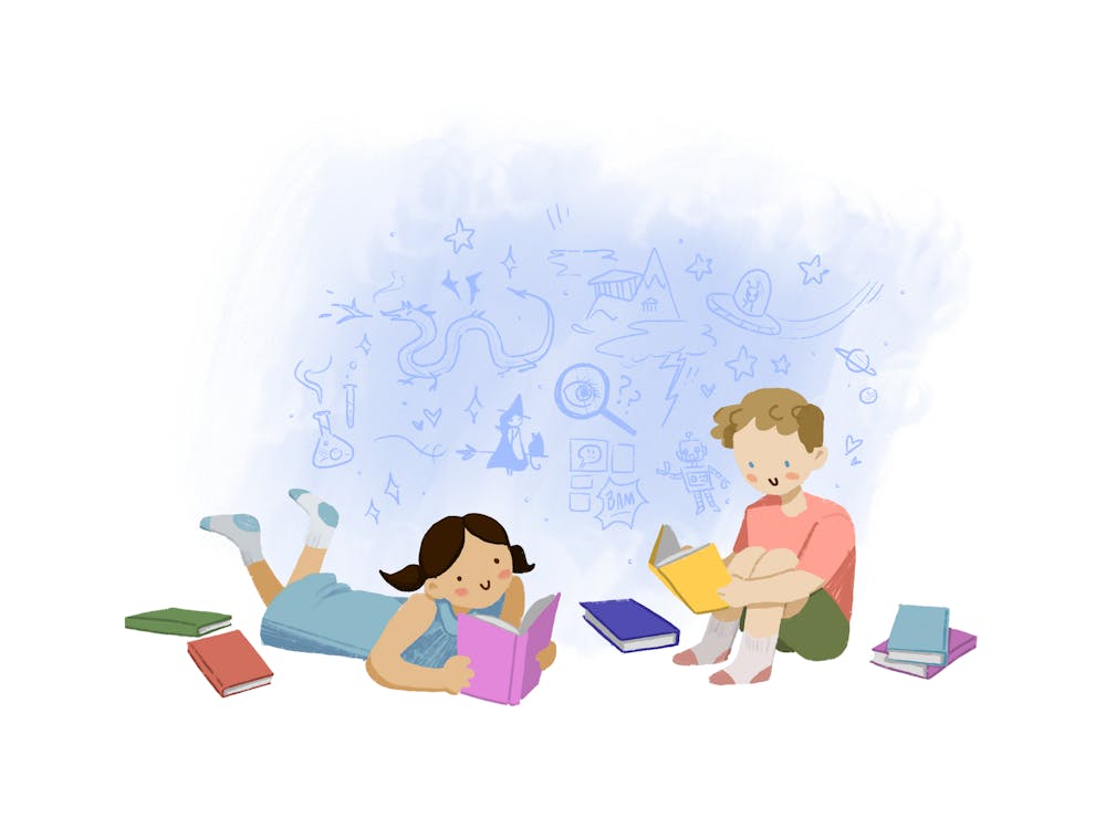An illustration of a young girl and boy sitting on a floor reading while surrounded by books and in front of a blue background featuring multiple random objects, people, and places.