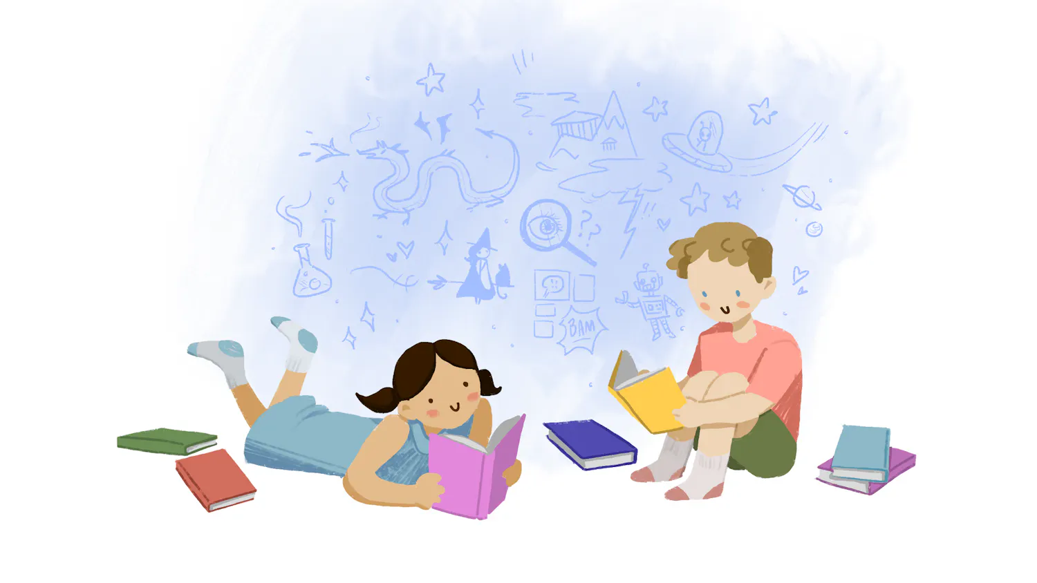 An illustration of a young girl and boy sitting on a floor reading while surrounded by books and in front of a blue background featuring multiple random objects, people, and places.