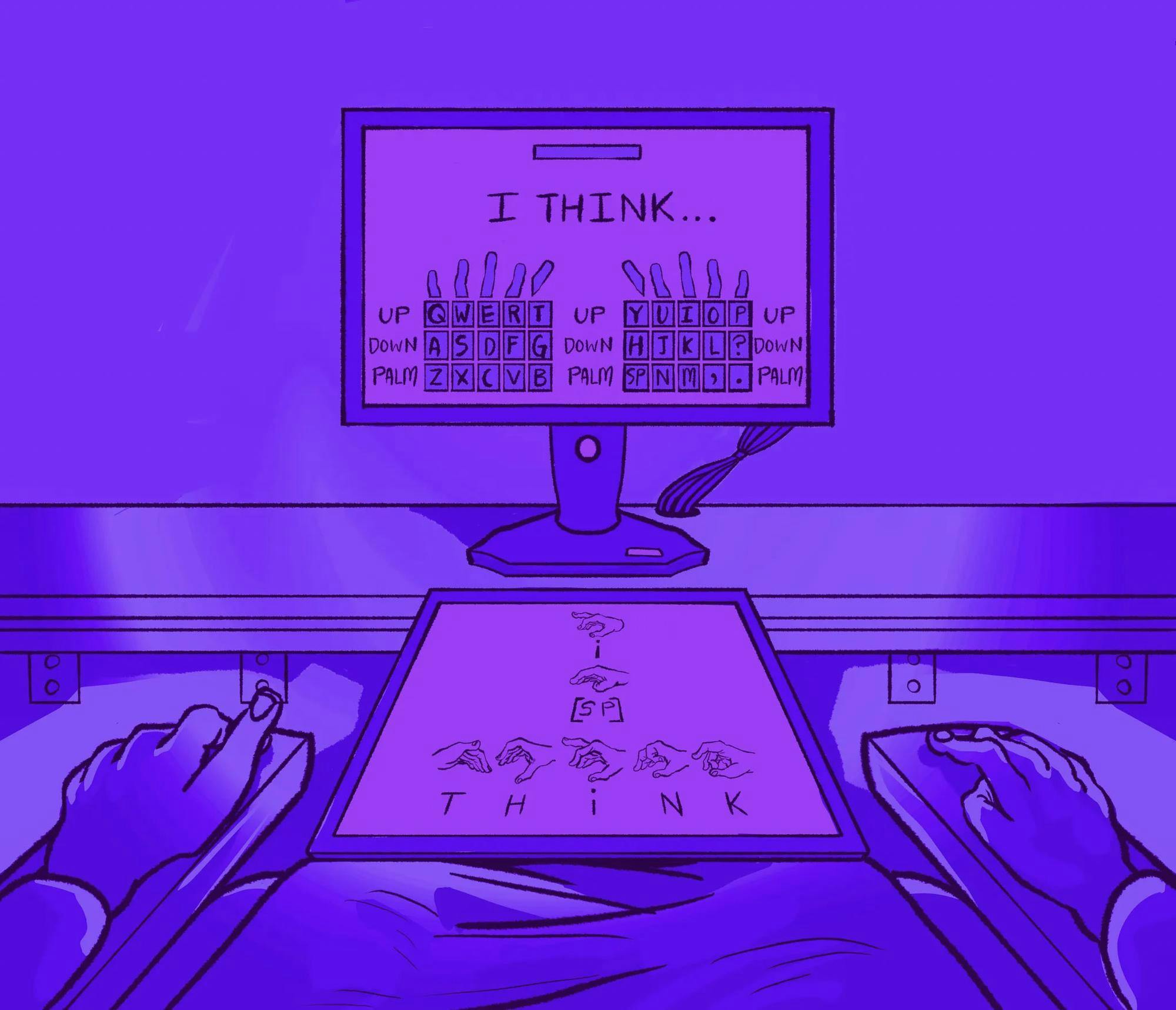 An illustration of a person sitting in front of a computer providing communication aids.