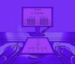 An illustration of a person sitting in front of a computer providing communication aids.