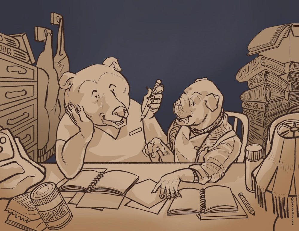 A Bulldog and a bear are illustrated helping each other with homework. 