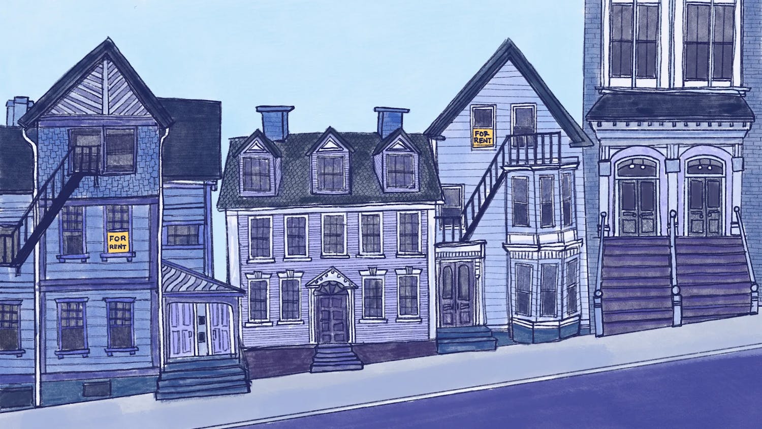 An illustration of blue houses closely packed together on a sloping street, with two "for rent" signs.