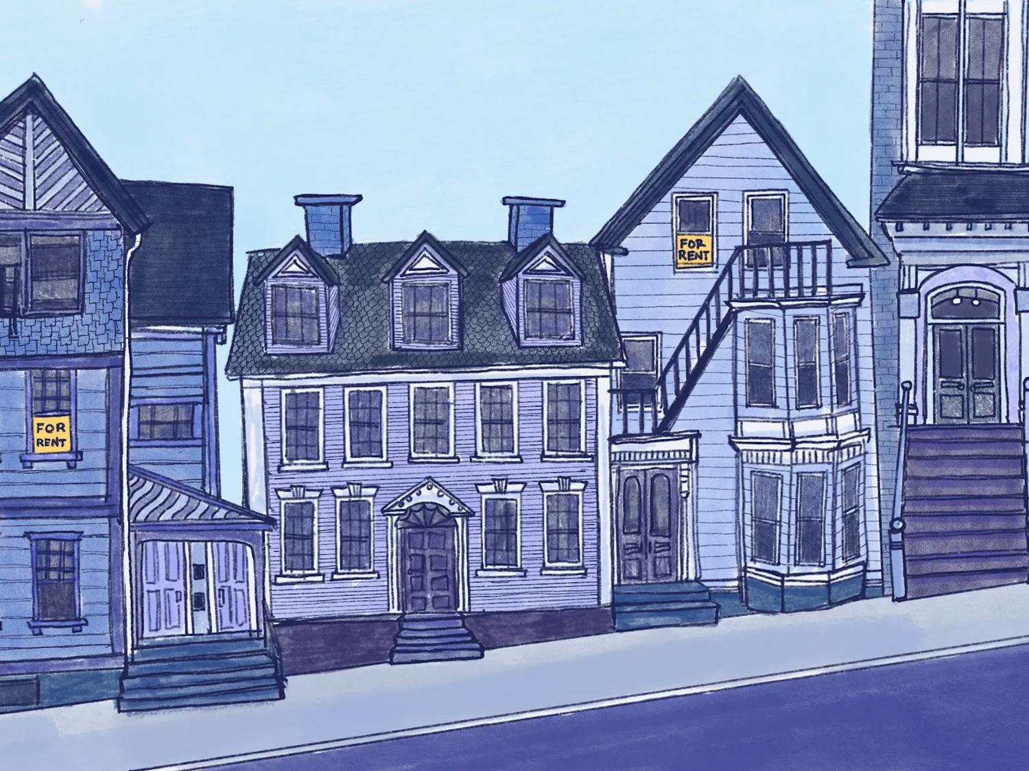 An illustration of blue houses closely packed together on a sloping street, with two "for rent" signs.