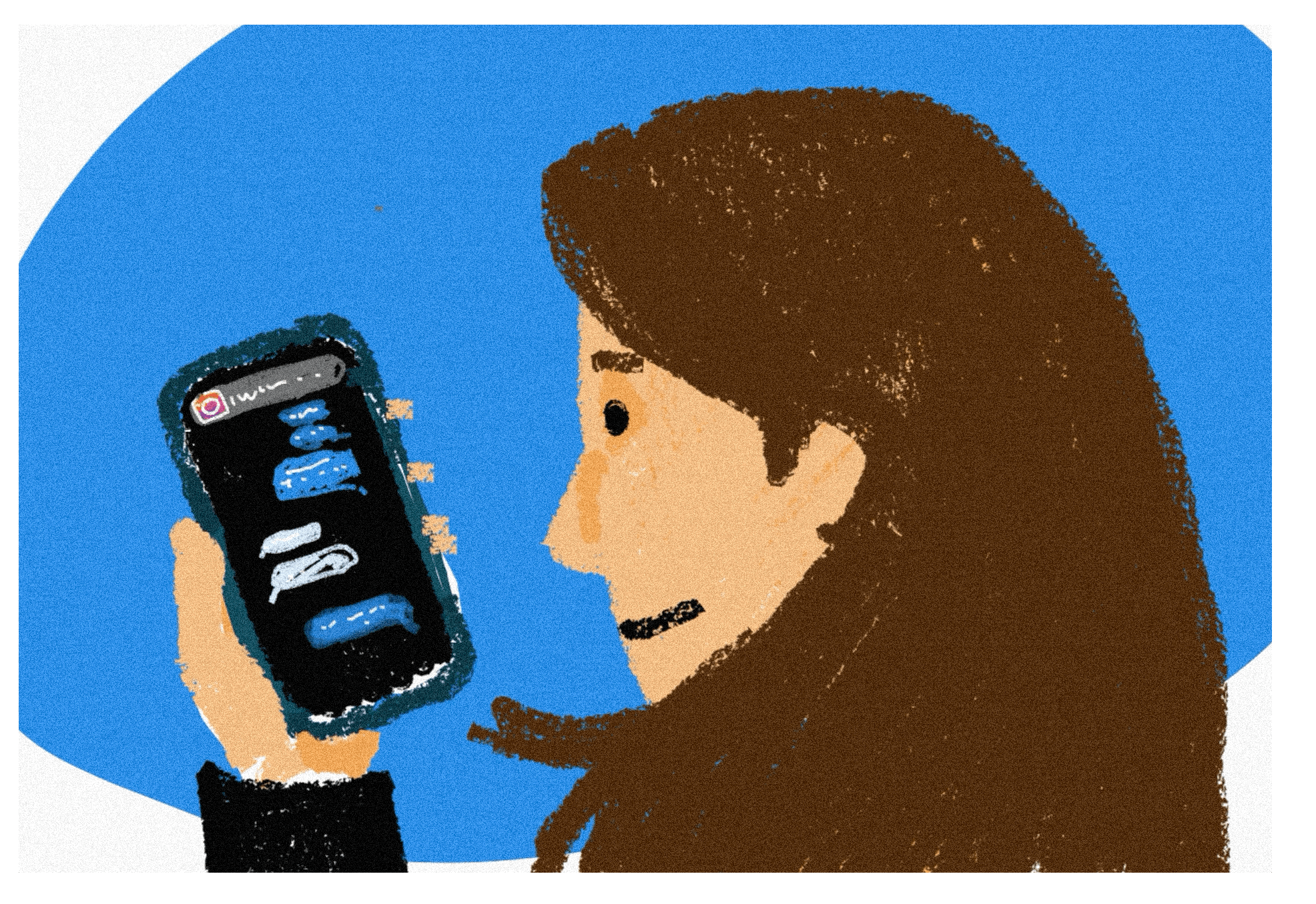 An illustration of a woman with brown hair wearing a black long-sleeve holding up her phone with a text message on the screen and a notification from Instagram.