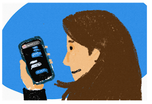 An illustration of a woman with brown hair wearing a black long-sleeve holding up her phone with a text message on the screen and a notification from Instagram.