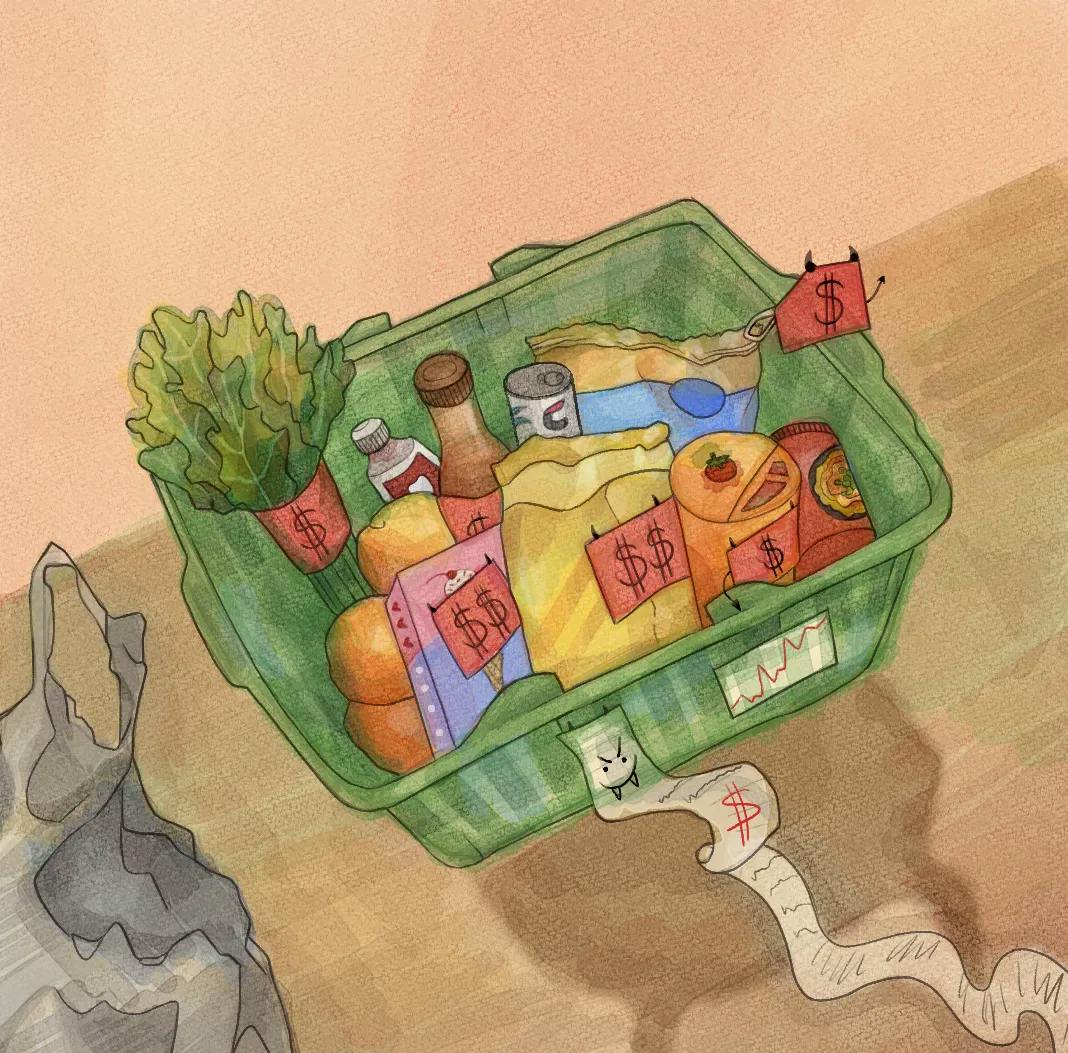 Illustration of items groceries in an item basket with high price tags