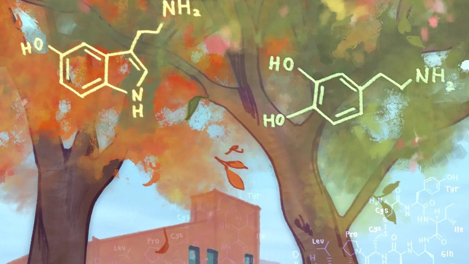 An illustration of two trees with a building in the background. Organic molecules that represent the objects (trees, air, building) they are in are drawn throughout.