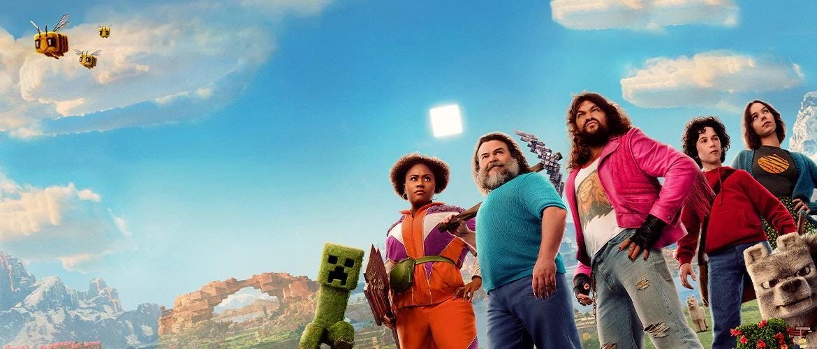 Various characters from the cast under a blue sky with a Minecraft creeper in the corner.