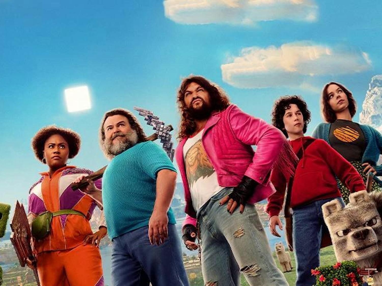 Various characters from the cast under a blue sky with a Minecraft creeper in the corner.