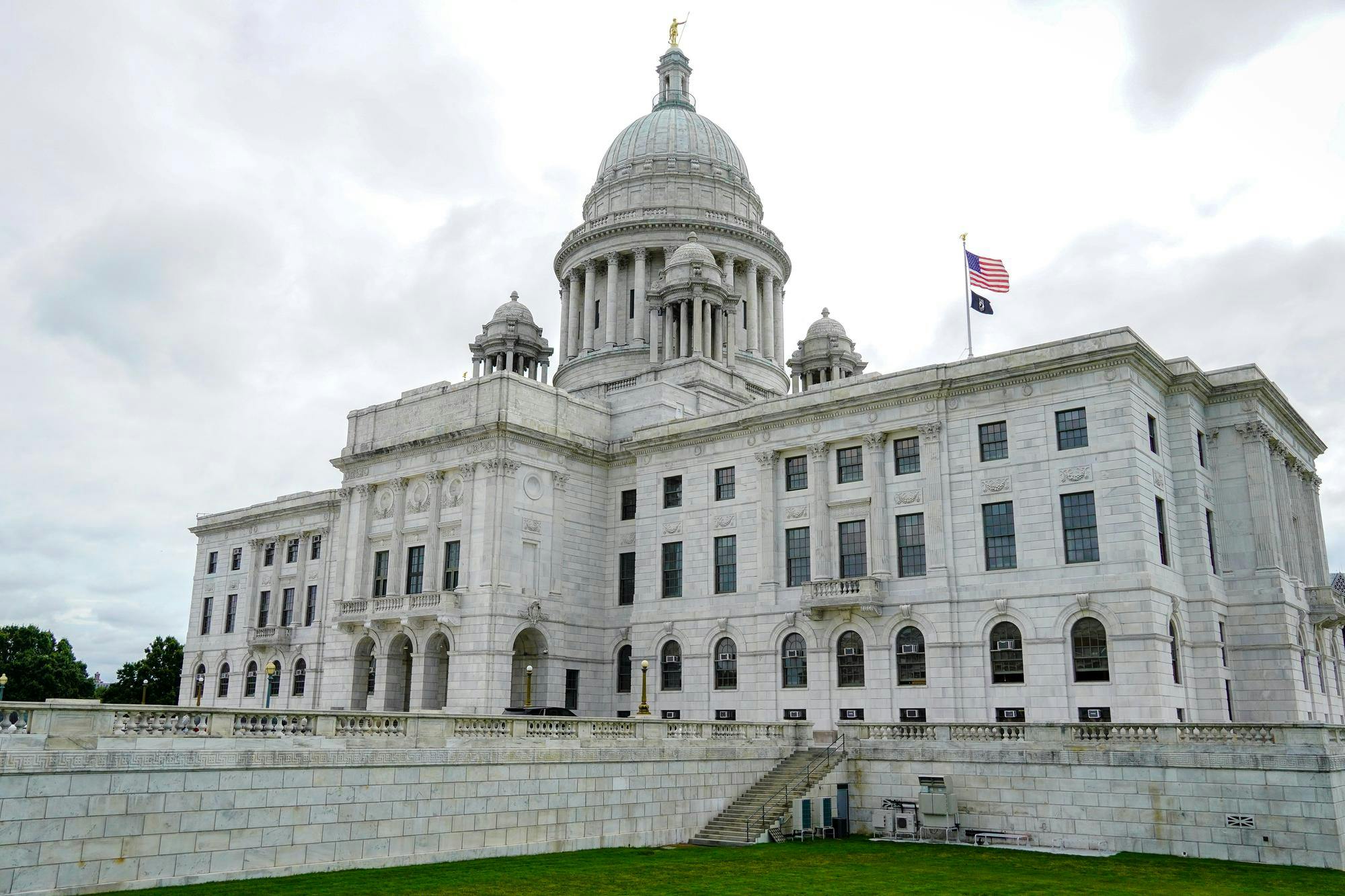 An exterior image of the Rhode Island Statehouse.