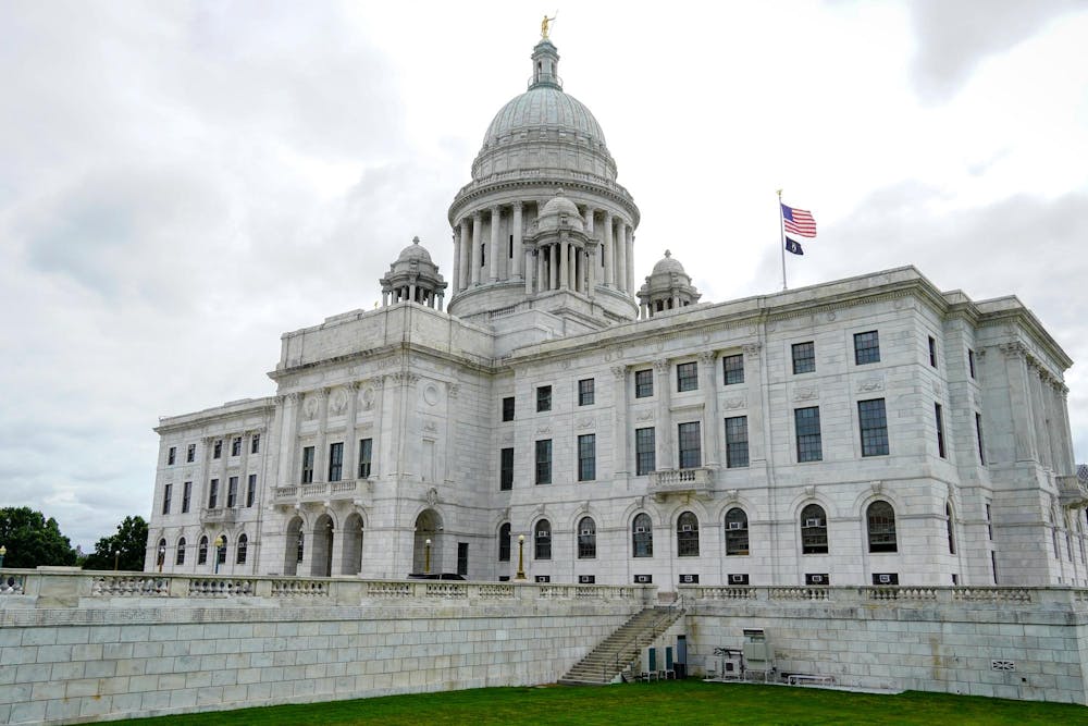 An exterior image of the Rhode Island Statehouse.