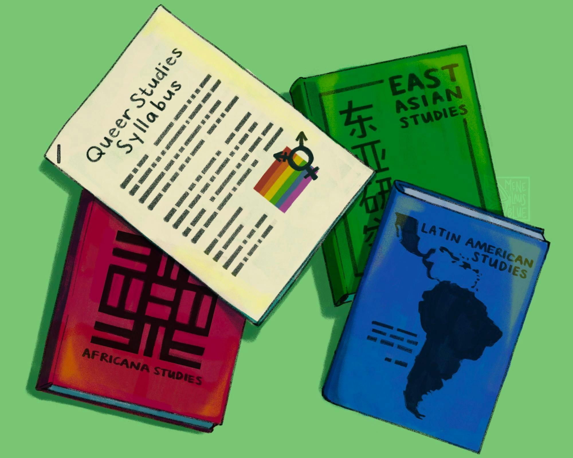 An illustration of three different books titled “Africana Studies,” “East Asian Studies” and “Latin American Studies.” On top of the middle book there is a paper that reads “Queer Studies Syllabus.”