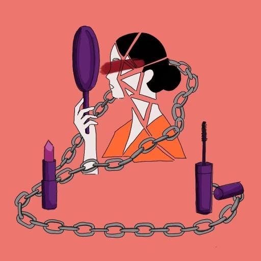 An illustration of a woman looking into a handheld mirror. A chain encircles her. Lipstick and eyeliner containers float in the background. 