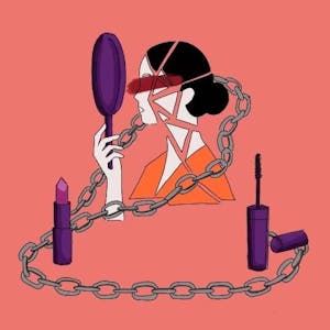 An illustration of a woman looking into a handheld mirror. A chain encircles her. Lipstick and eyeliner containers float in the background. 