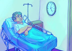Drawing with blue hues of an old person lying in a hospital bed looking at a clock on the wall.

