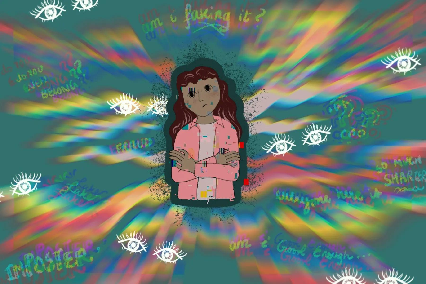 An illustration of a person surrounded by white, cartoon-illustrated eyes.