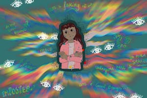 An illustration of a person surrounded by white, cartoon-illustrated eyes.