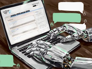 Illustration of two robot hands filling out a college application.