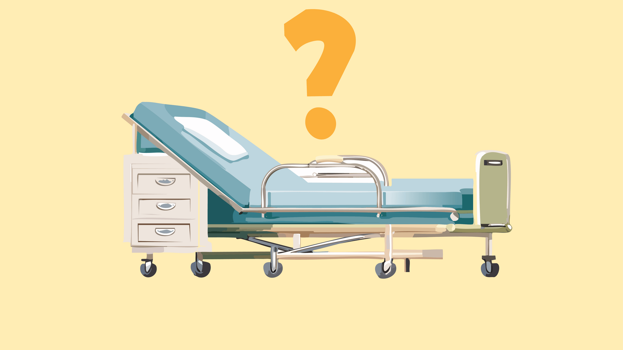 Hospital bed with a question mark hovering over it on a yellow background. 