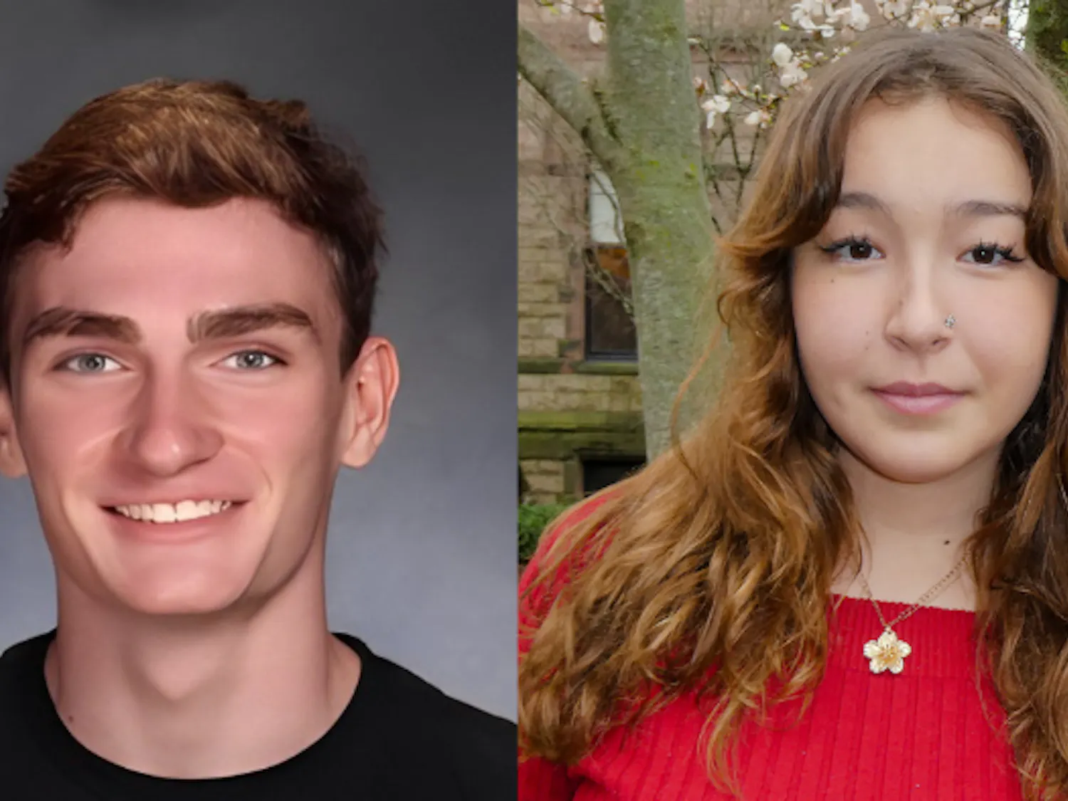 Photo on the left of Kieran Lucus in a black shirt. Photo on the right of Naomi LeDell in a red sweater.
