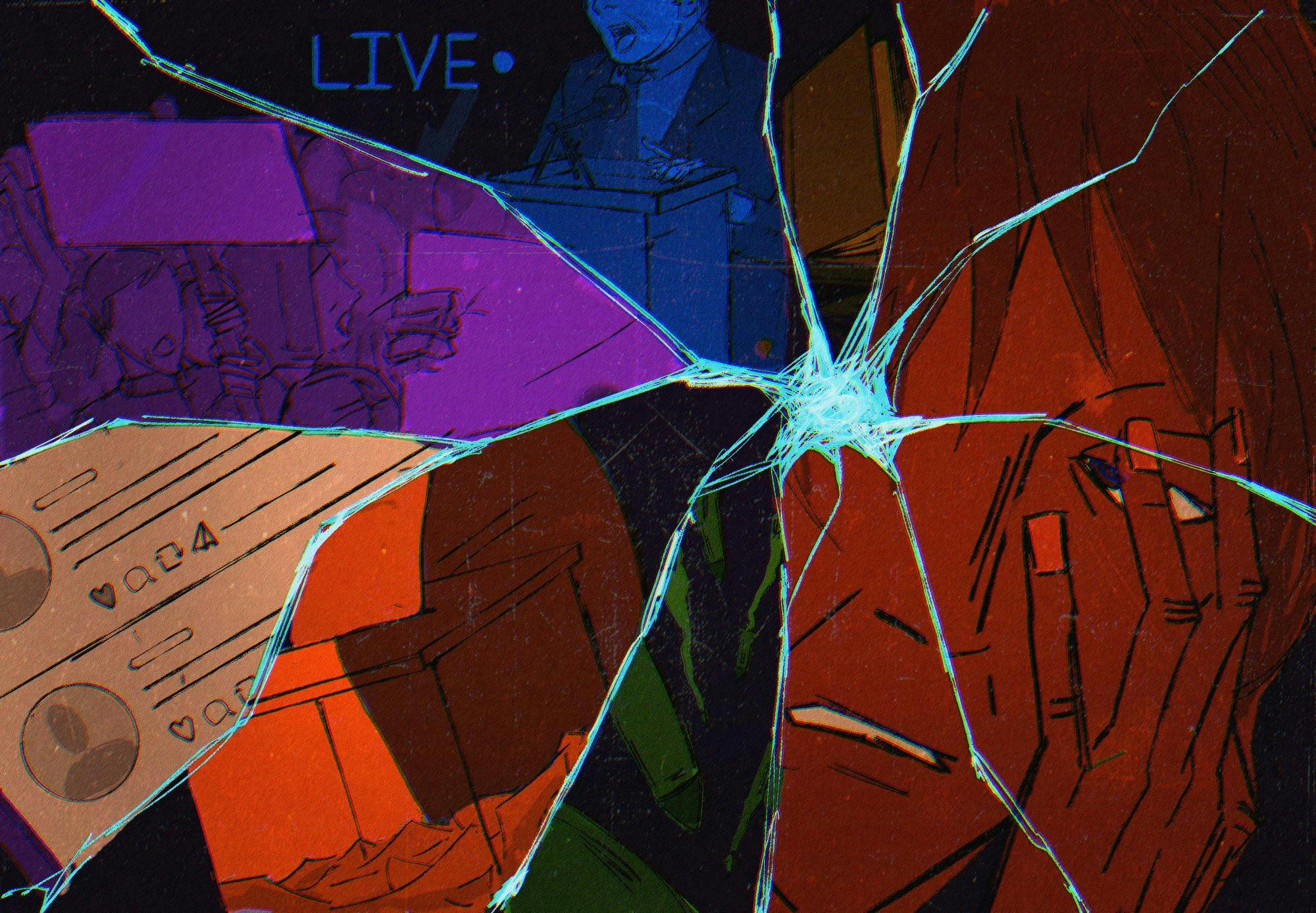 Illustration of shattered glass with each piece displaying a different aspect of politics, including a shouting politician, protests, a book, social media, a ballot box and a person in distress. 