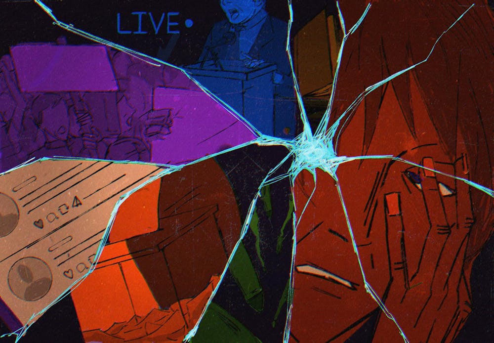Illustration of shattered glass with each piece displaying a different aspect of politics, including a shouting politician, protests, a book, social media, a ballot box and a person in distress. 