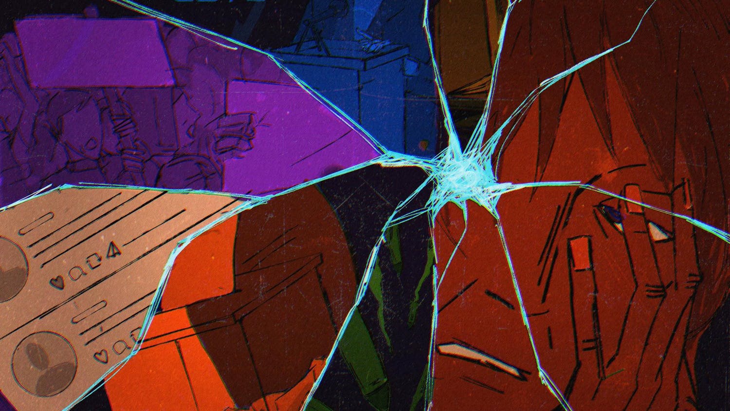 Illustration of shattered glass with each piece displaying a different aspect of politics, including a shouting politician, protests, a book, social media, a ballot box and a person in distress.