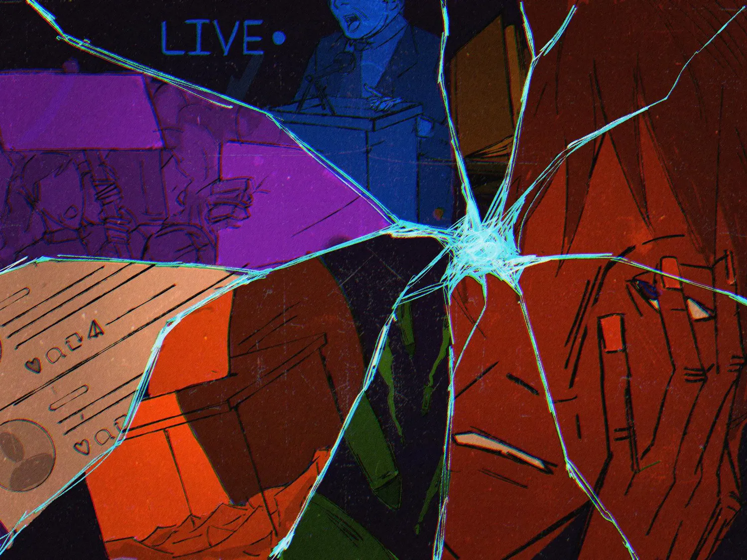 Illustration of shattered glass with each piece displaying a different aspect of politics, including a shouting politician, protests, a book, social media, a ballot box and a person in distress.