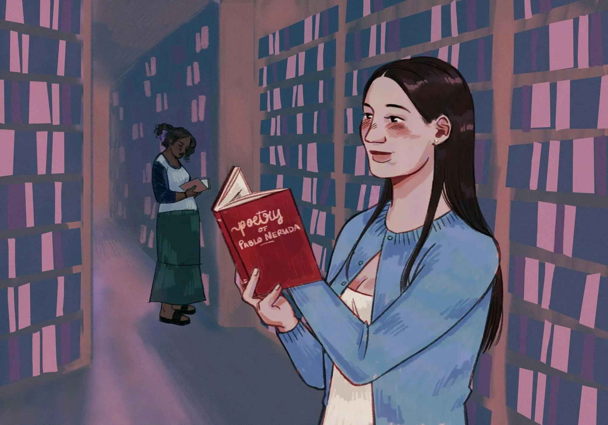 Illustration of two girls in a library reading books on poetry.  
