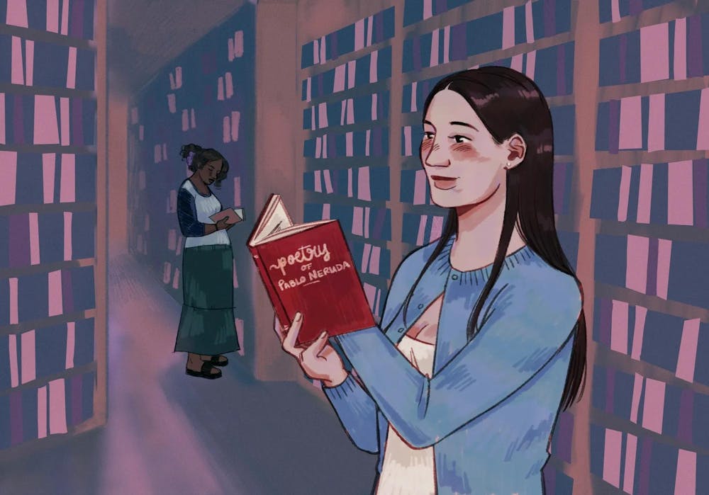 Illustration of two girls in a library reading books on poetry.  
