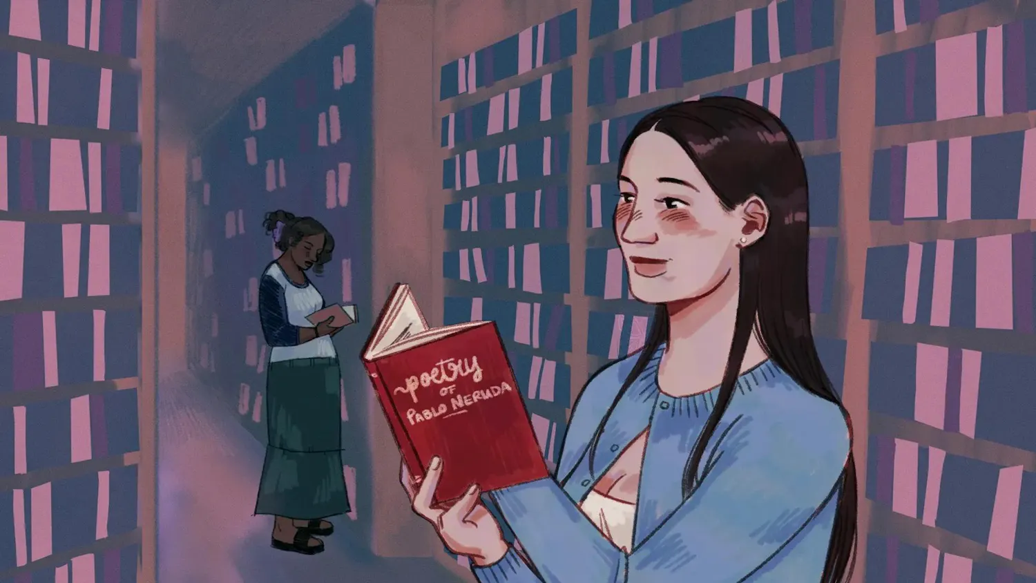 Illustration of two girls in a library reading books on poetry.