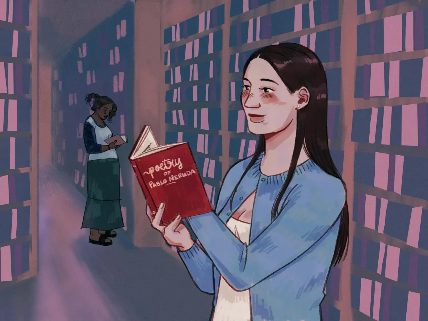 Illustration of two girls in a library reading books on poetry.