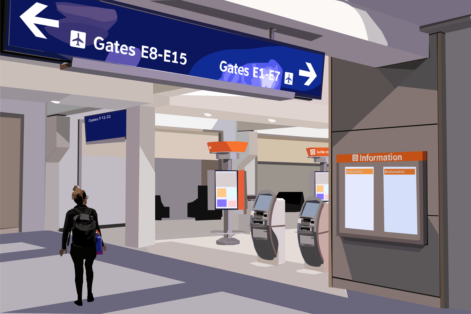 Illustration of an airport check in area with direction signs.