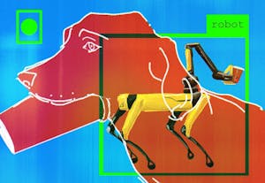 An illustration shows a red dog holding a cup in its mouth, with a robot dog overlaid on top of it. 