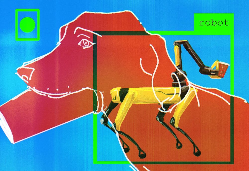 An illustration shows a red dog holding a cup in its mouth, with a robot dog overlaid on top of it. 
