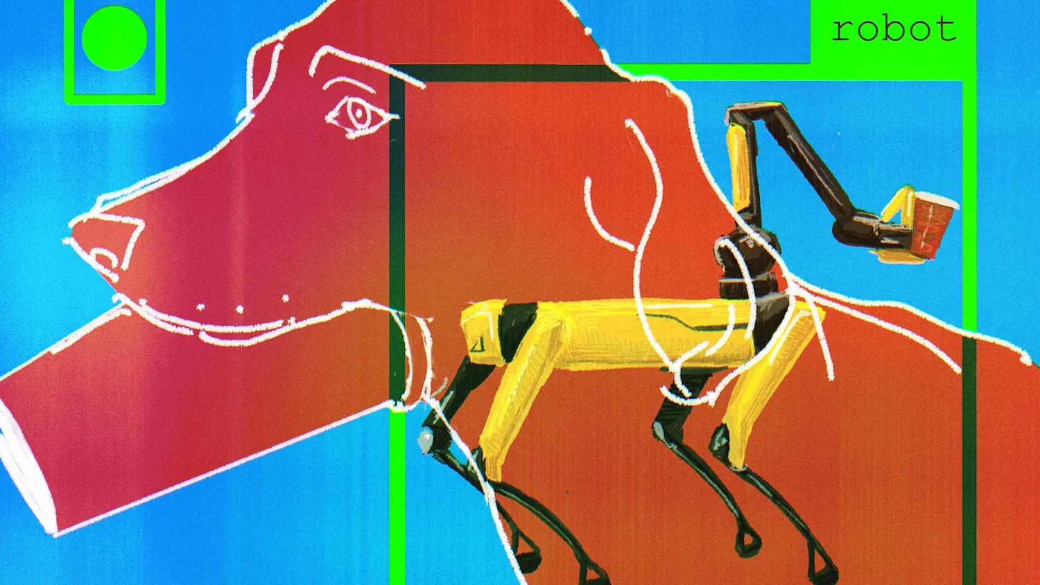 An illustration shows a red dog holding a cup in its mouth, with a robot dog overlaid on top of it.