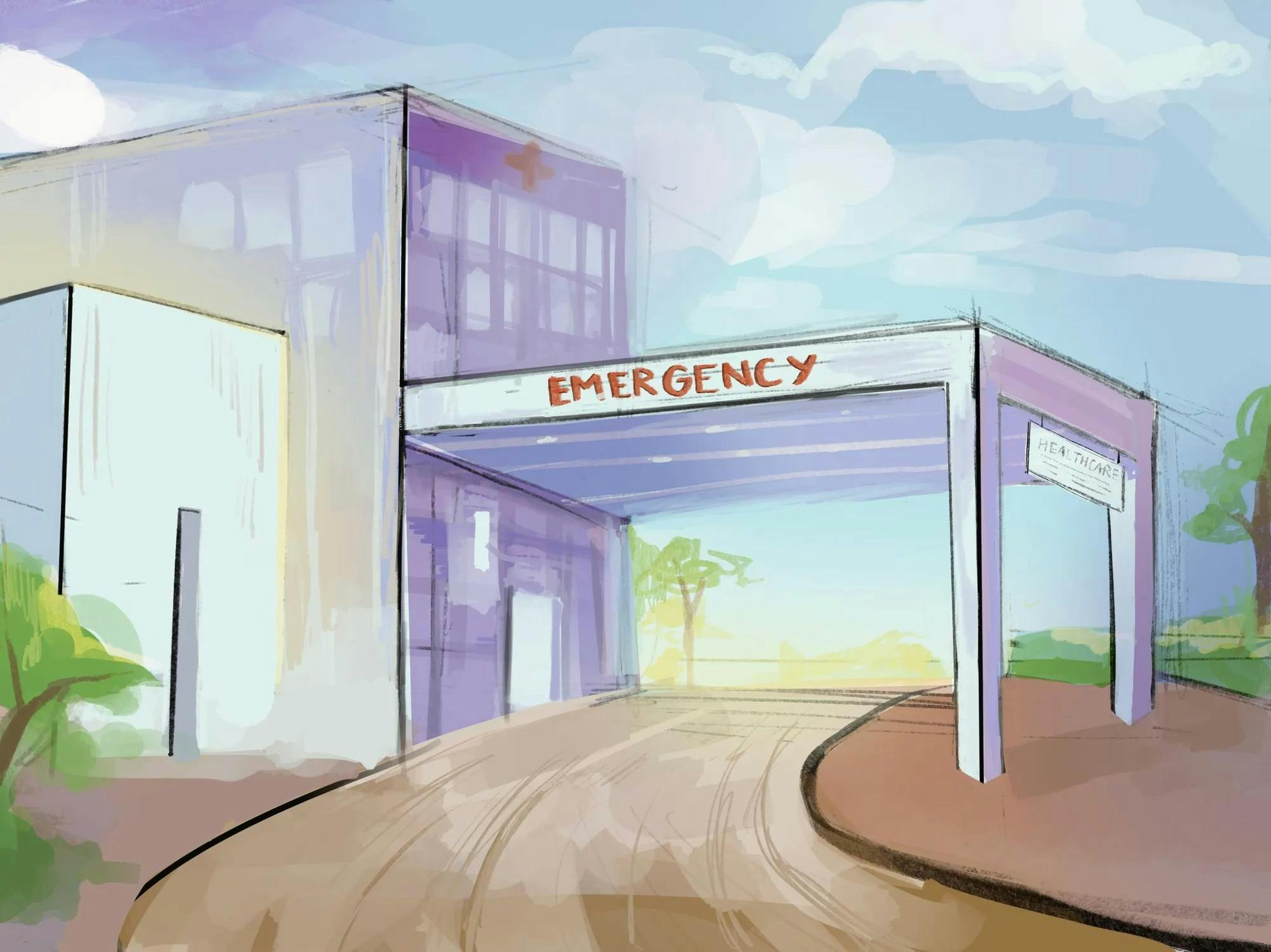 Drawing of a hospital building with an emergency area. 

