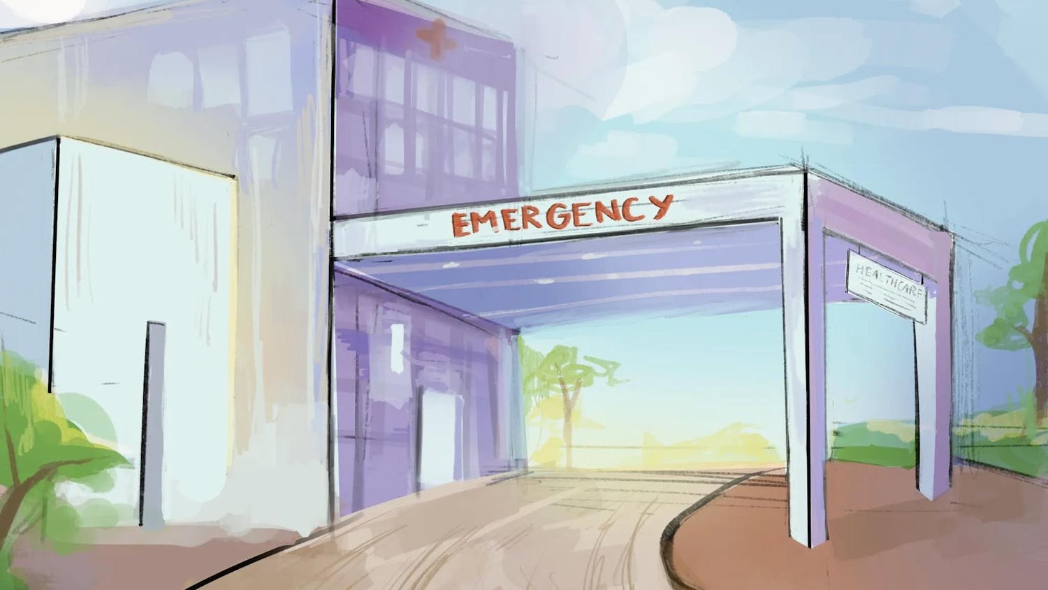 Drawing of a hospital building with an emergency area.