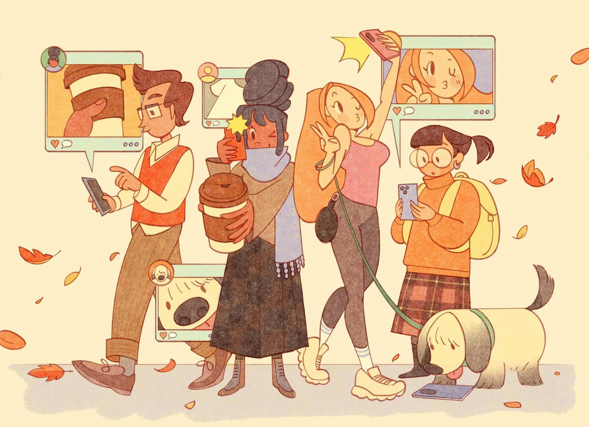 Illustration of various teens posting and engaging with social media content. 