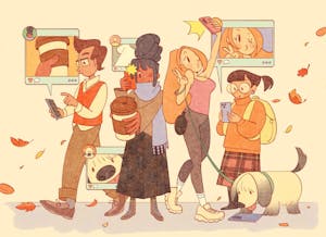 Illustration of various teens posting and engaging with social media content. 