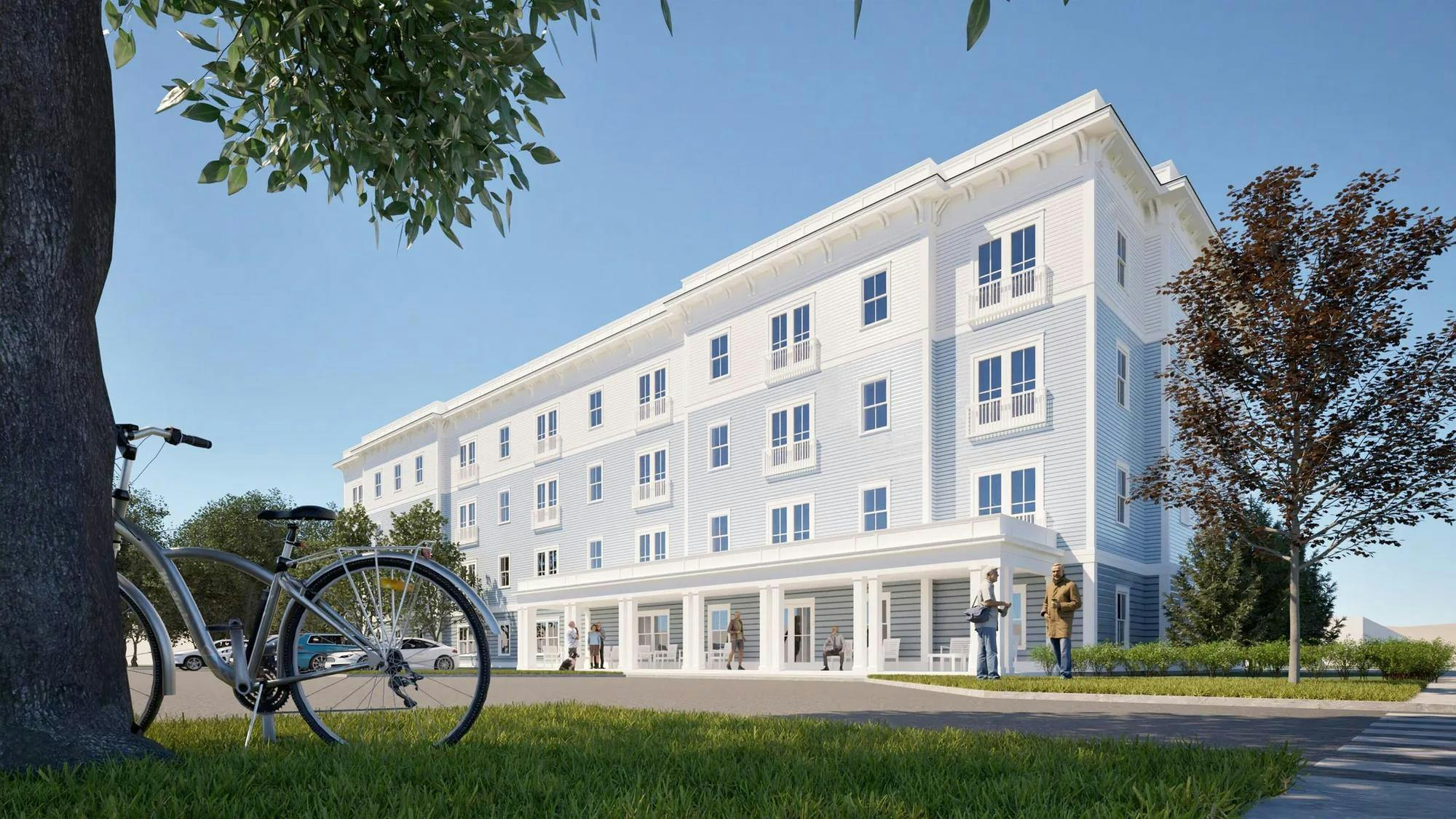 Illustration of a large white and light-blue multi-unit building on a sunny day.

