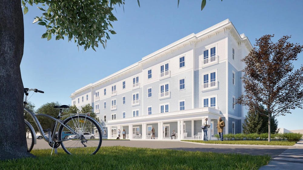 Illustration of a large white and light-blue multi-unit building on a sunny day.

