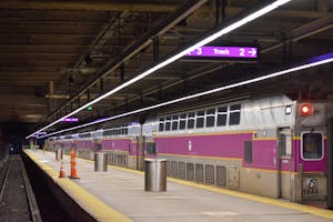A picture of an MBTA commuter train in Providence.